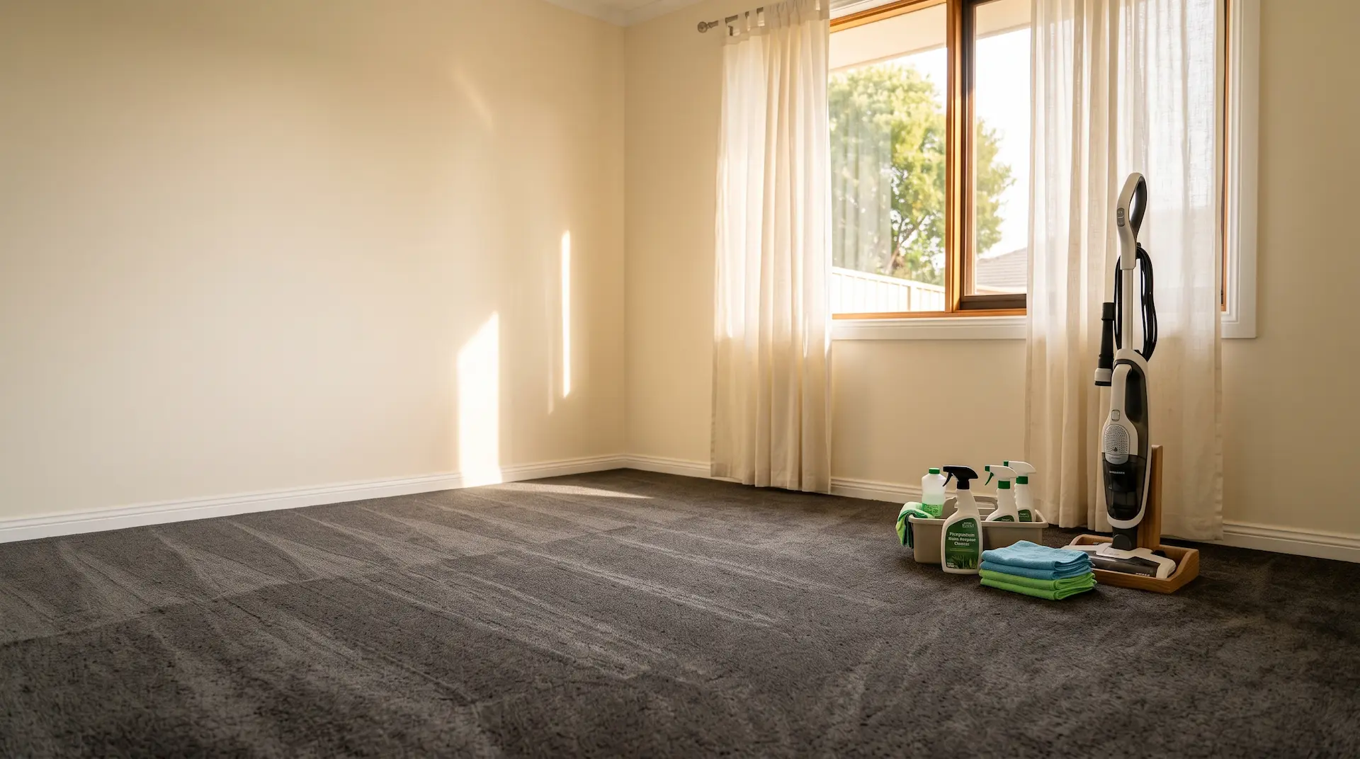 Empty carpeted bedroom cleaned and ready for the final rental inspection