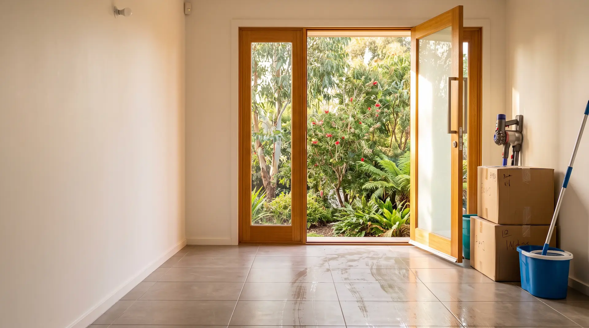 Sunlit tiled entry hall with moving boxes in an Australian home