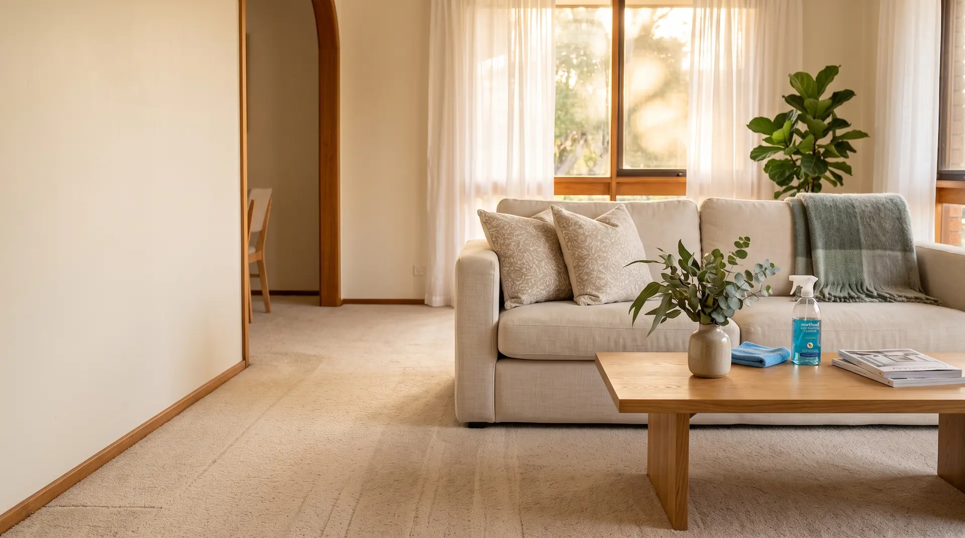 Bright, tidy Australian family living room kept clean on a regular schedule